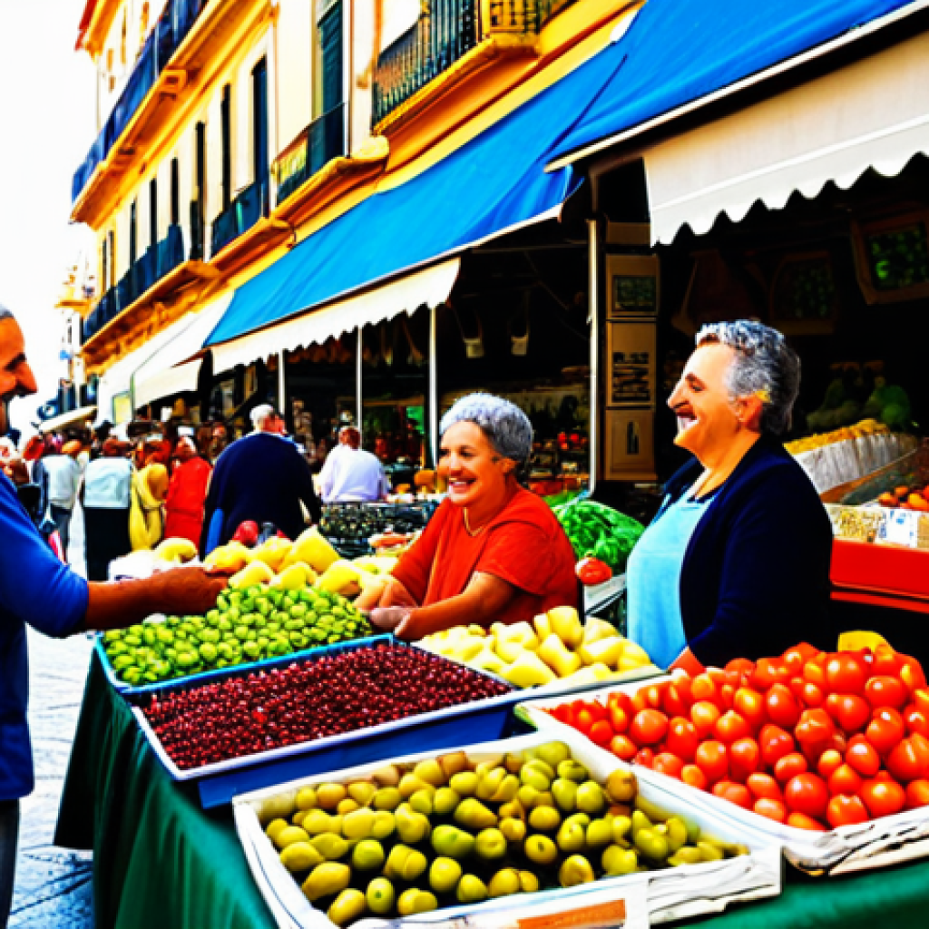 아보하의 실천을 위한 커뮤니티 찾기 - Local Farmers Market in Seville**

"A vibrant and bustling farmers market in Seville, Spain, overflo...