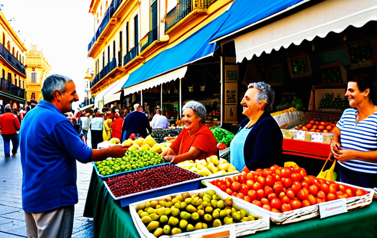 아보하의 실천을 위한 커뮤니티 찾기 - Local Farmers Market in Seville**
"A vibrant and bustling farmers market in Seville, Spain, overflo...