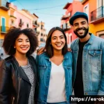 일상에서의 소중한 순간들을 나누기 - A warm street scene in a vibrant Spanish neighborhood during golden hour, showing diverse people exc...
