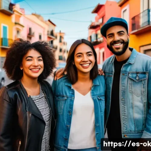 일상에서의 소중한 순간들을 나누기 - A warm street scene in a vibrant Spanish neighborhood during golden hour, showing diverse people exc...