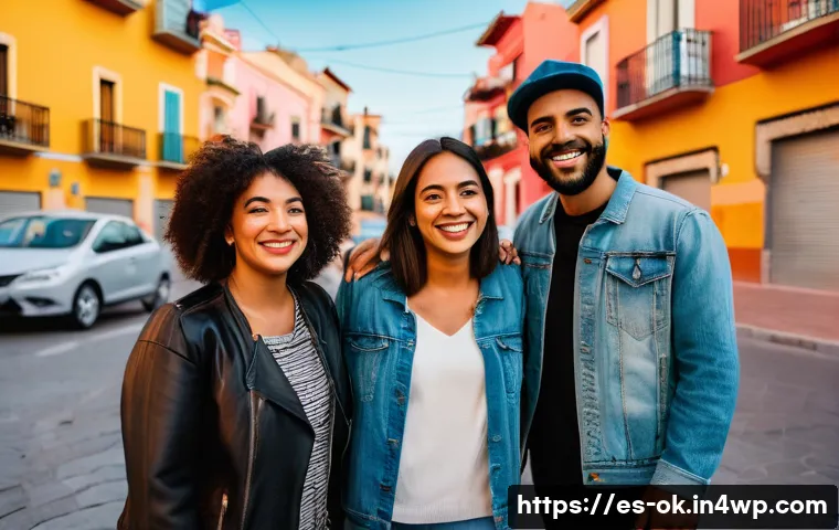 일상에서의 소중한 순간들을 나누기 - A warm street scene in a vibrant Spanish neighborhood during golden hour, showing diverse people exc...