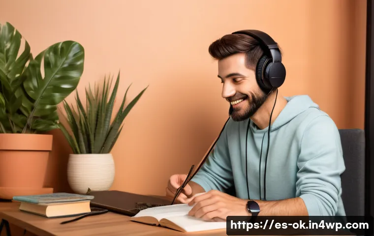 하루의 소중함을 강조하는 팟캐스트 추천 - A cozy, warm-toned podcast recording studio featuring a Spanish-speaking host in casual clothing sit...