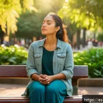 Home 21 기억에 남는 평범한 하루의 사례 - A serene urban park scene in early morning light, featuring a young Hispanic woman in casual comfort...