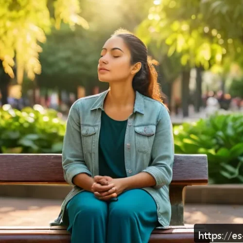 Home 33 기억에 남는 평범한 하루의 사례 - A serene urban park scene in early morning light, featuring a young Hispanic woman in casual comfort...