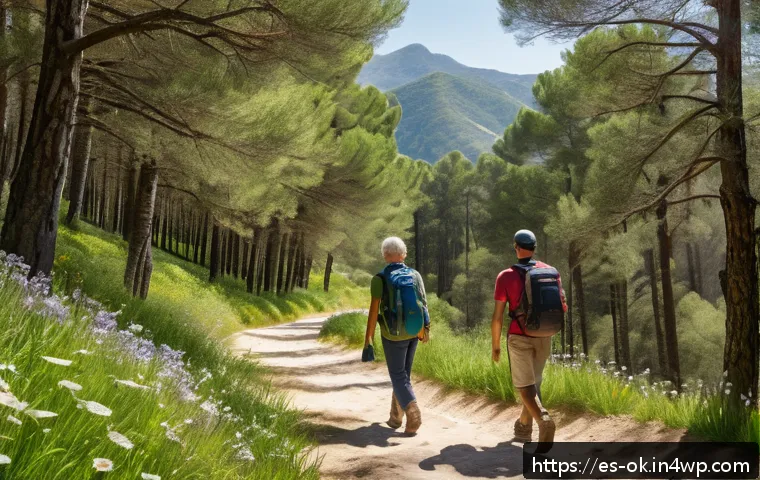 아보하를 위한 여가 활동 추천 - A serene outdoor scene featuring a group of diverse adults hiking along a lush, green forest trail i...
