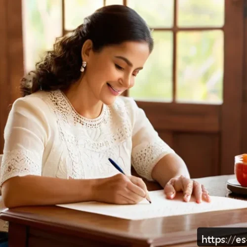 Home 31 소중한 하루를 위한 감사의 편지 쓰기 - A warm, cozy scene of a middle-aged Hispanic woman sitting at a wooden desk in a sunlit room, writin...