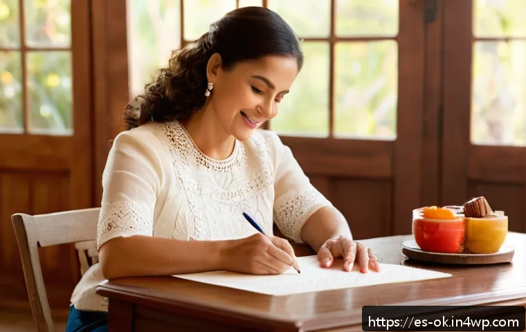 소중한 하루를 위한 감사의 편지 쓰기 - A warm, cozy scene of a middle-aged Hispanic woman sitting at a wooden desk in a sunlit room, writin...