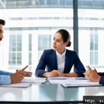 Home 18 아보하를 통해 삶의 질 높이기 - A diverse group of Spanish-speaking office workers in a modern corporate environment, calmly discuss...