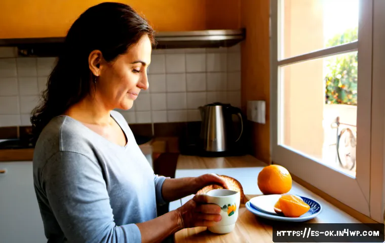 Home 17 아보하의 의미를 깊이 이해하기 - Photorealistic warm lifestyle scene in a modest Spanish apartment kitchen at early morning, a relaxe...