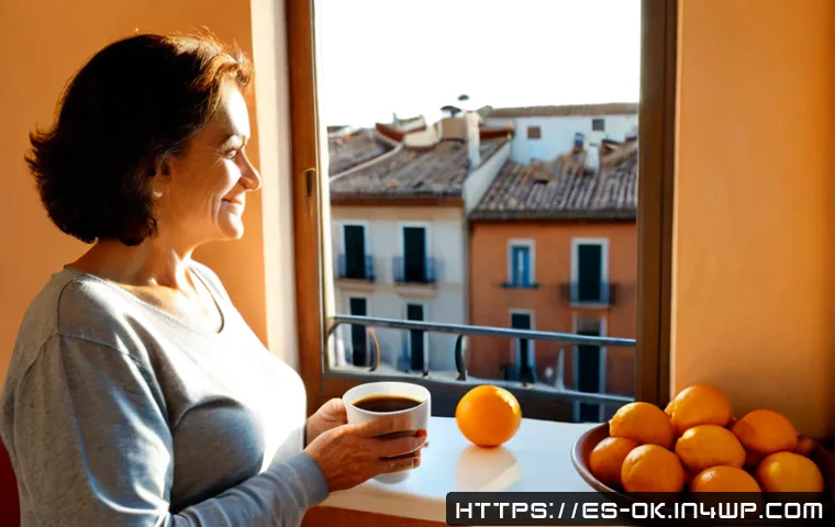 아보하와 긍정적인 마인드셋 - Photorealistic morning scene in a sunlit Spanish apartment kitchen, a relaxed middle-aged woman in c...