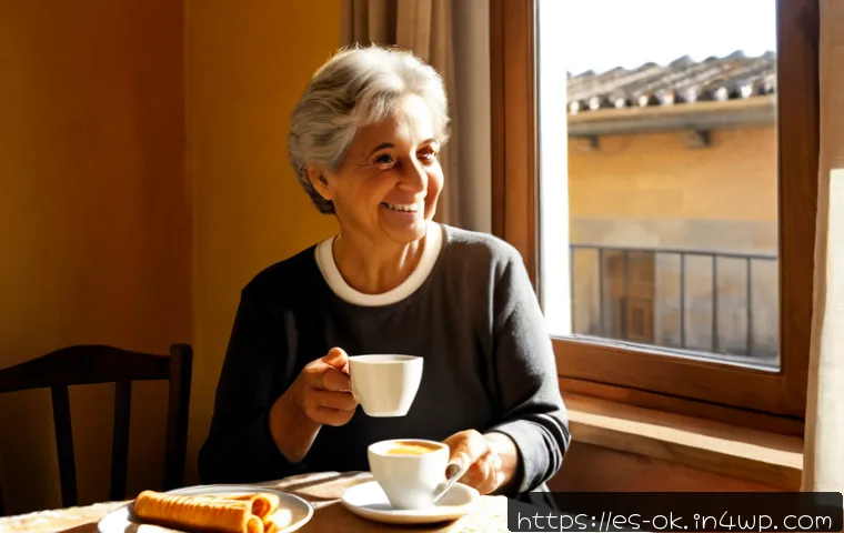일상 속 작은 기쁨들 - Photorealistic morning scene in a cozy Spanish apartment kitchen, an older woman smiling gently whil...